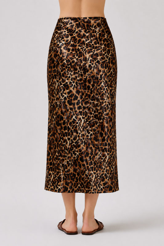 Leopard Print Stretch Satin Midi Skirt | Slim Fit