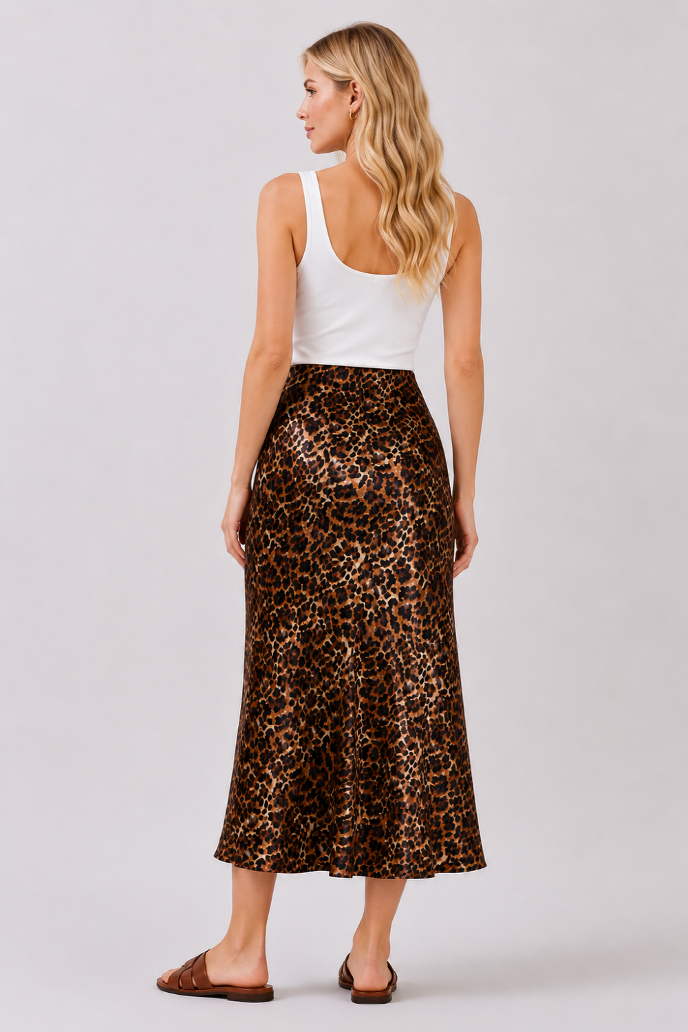 Leopard Print Stretch Satin Midi Skirt | Slim Fit