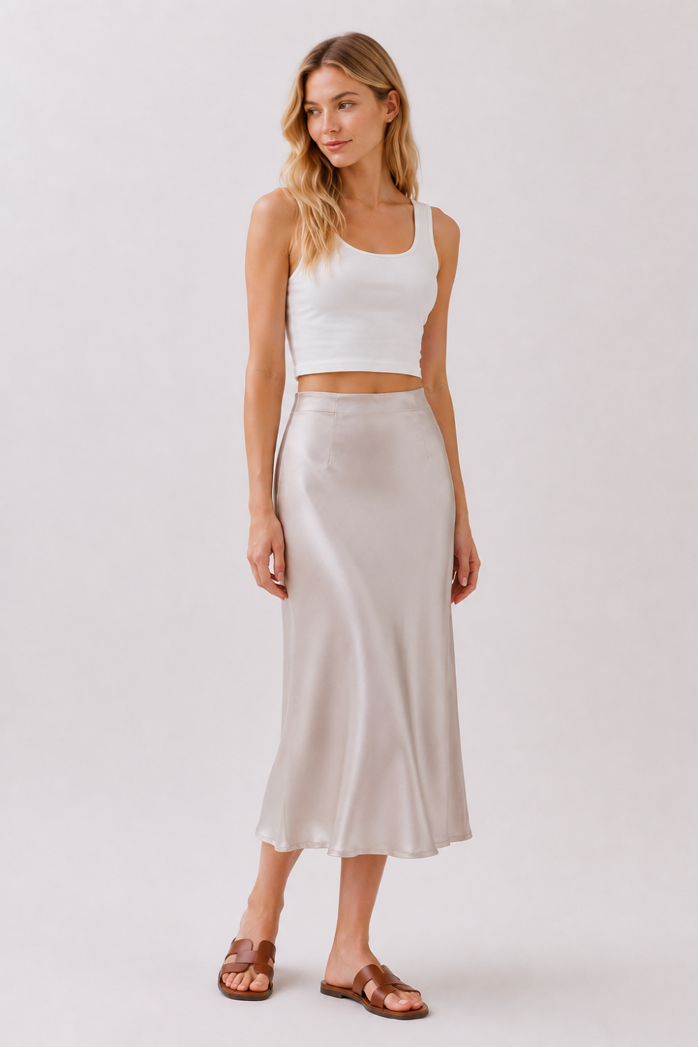 Stretch Satin A-Line Midi Skirt | Elegant Slip Skirt