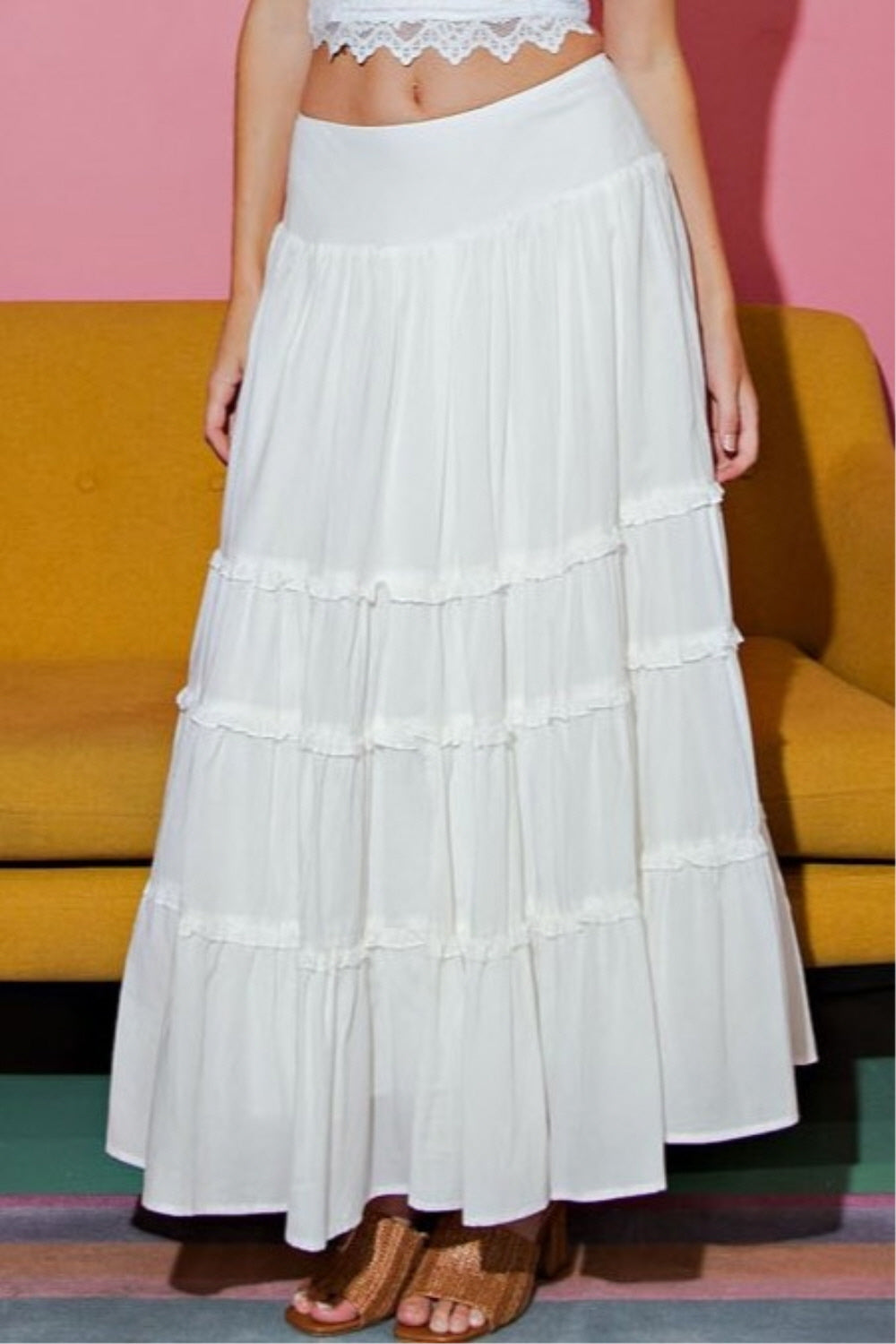 Tiered maxi skirt in romantic ruffle layers.