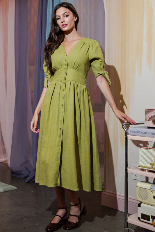 Button Front Puff Sleeve Linen Maxi Dress