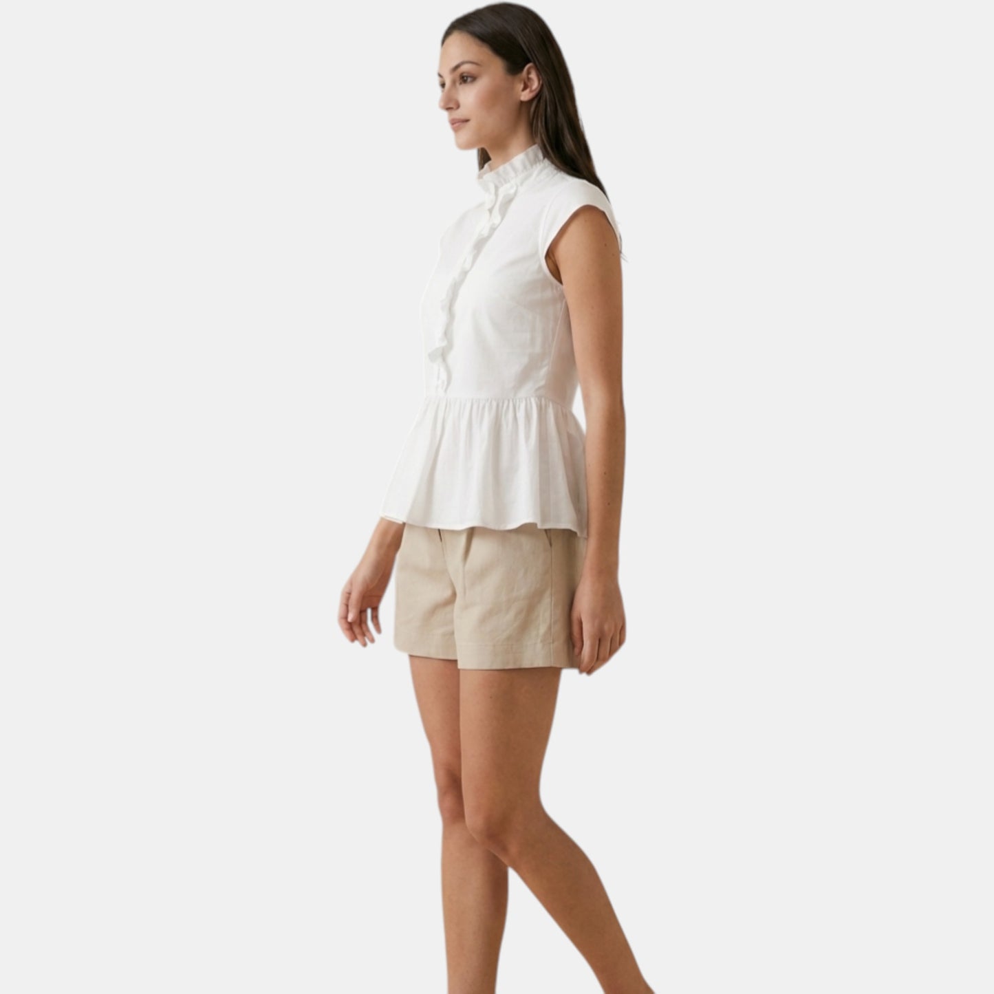 Ruffle Neck Peplum Cotton Blouse