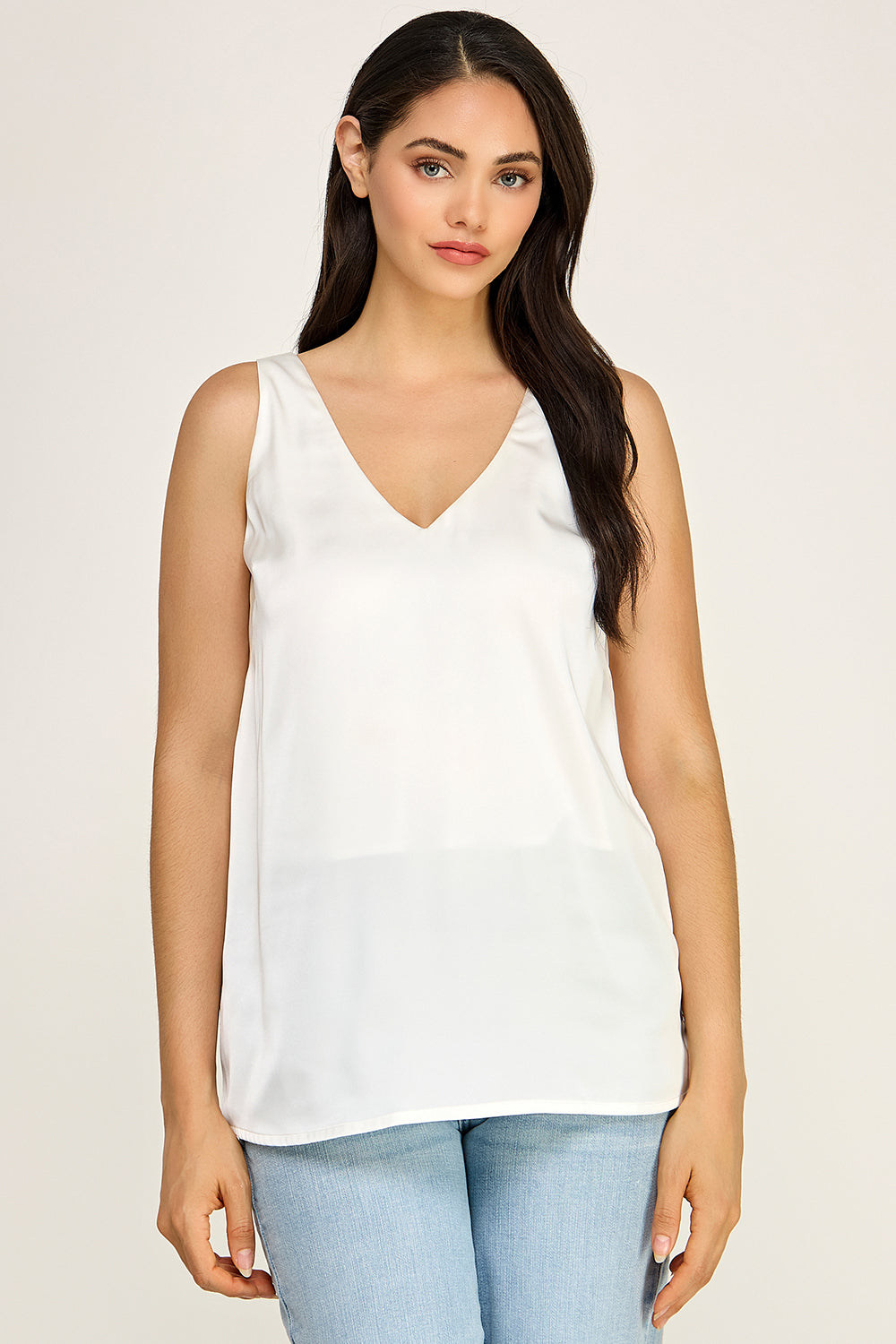 Satin V Neck Sleeveless Top – Lightweight Drape Tank for Women