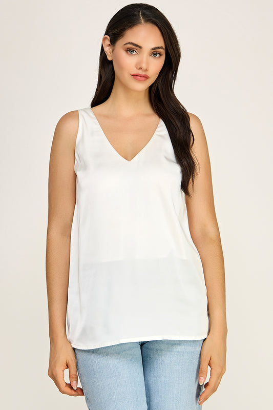 Satin V Neck Sleeveless Top – Lightweight Drape Tank for Women