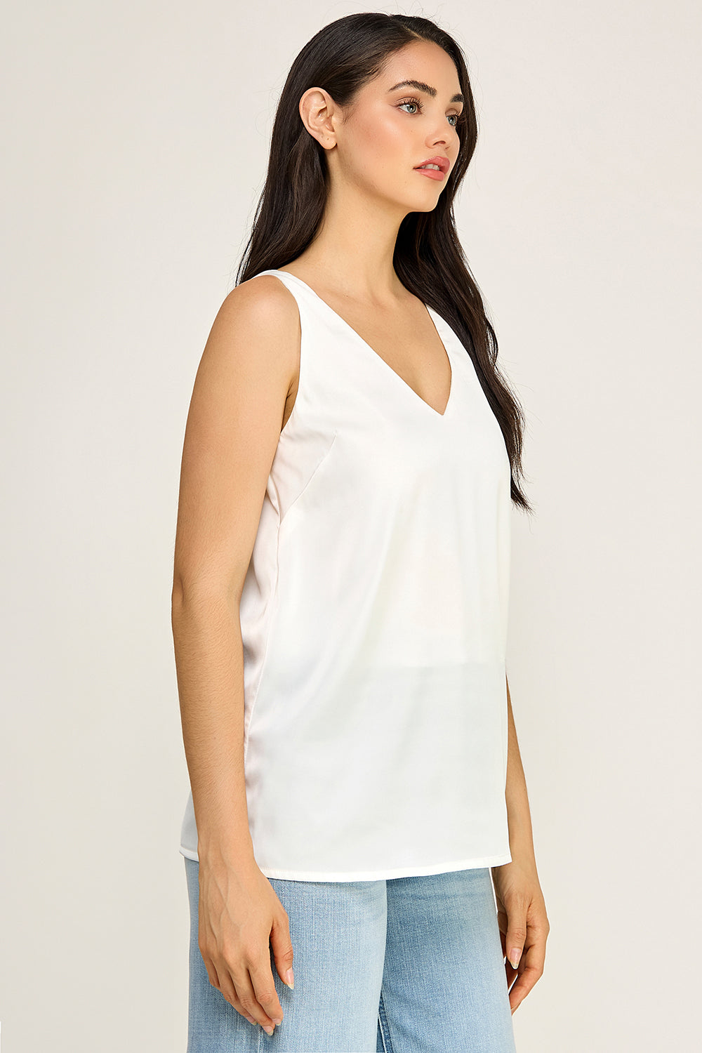 Satin V Neck Sleeveless Top – Lightweight Drape Tank for Women