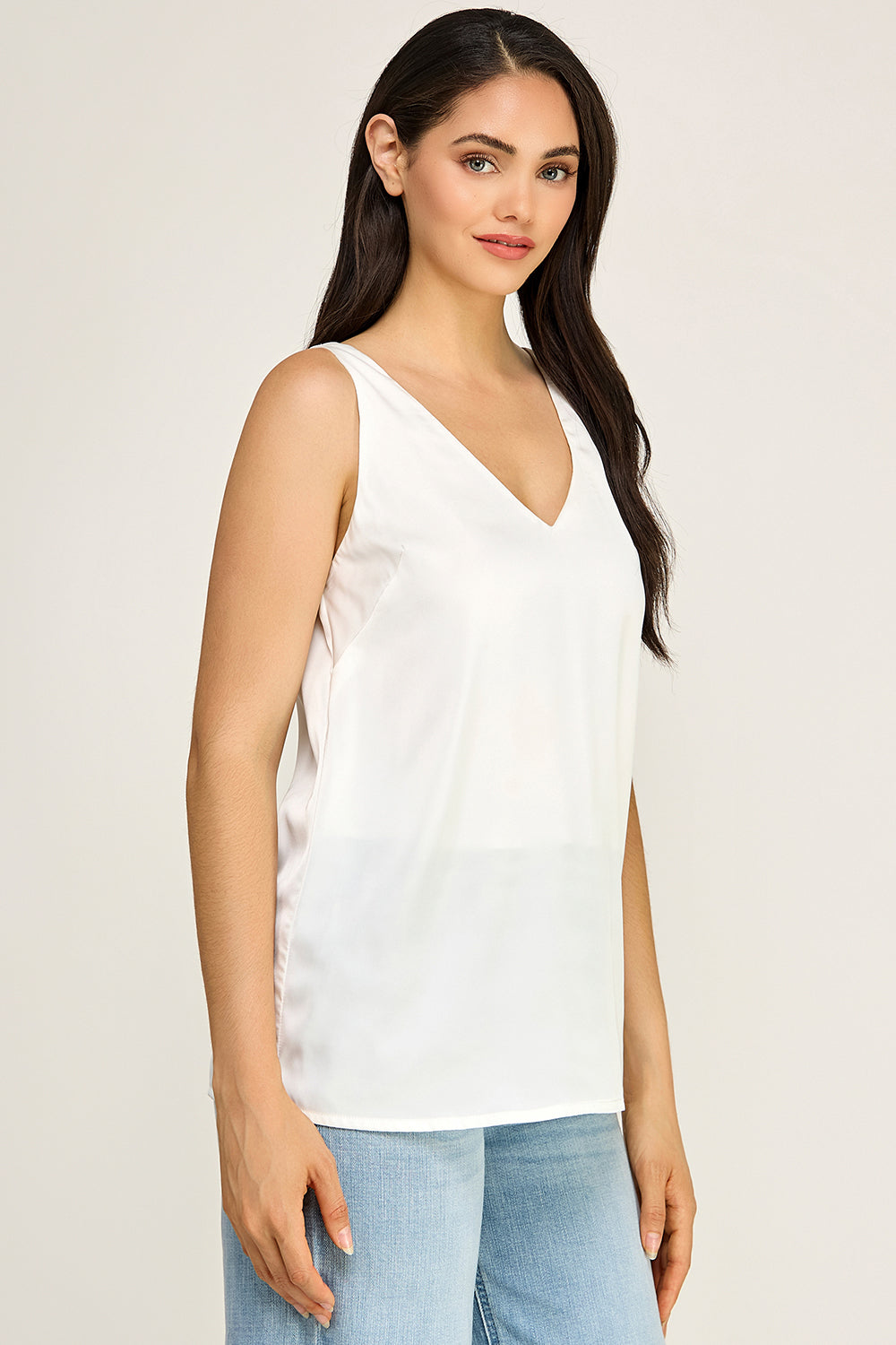 Satin V Neck Sleeveless Top – Lightweight Drape Tank for Women