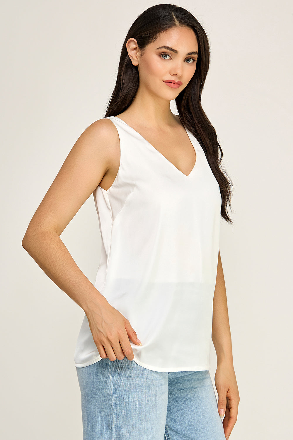 Satin V Neck Sleeveless Top – Lightweight Drape Tank for Women