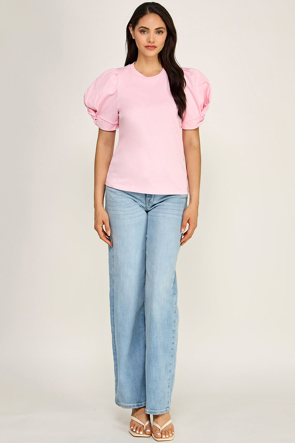 Puff Sleeve Cotton Knit Top | Fitted Round Neck Stretch Boutique Top