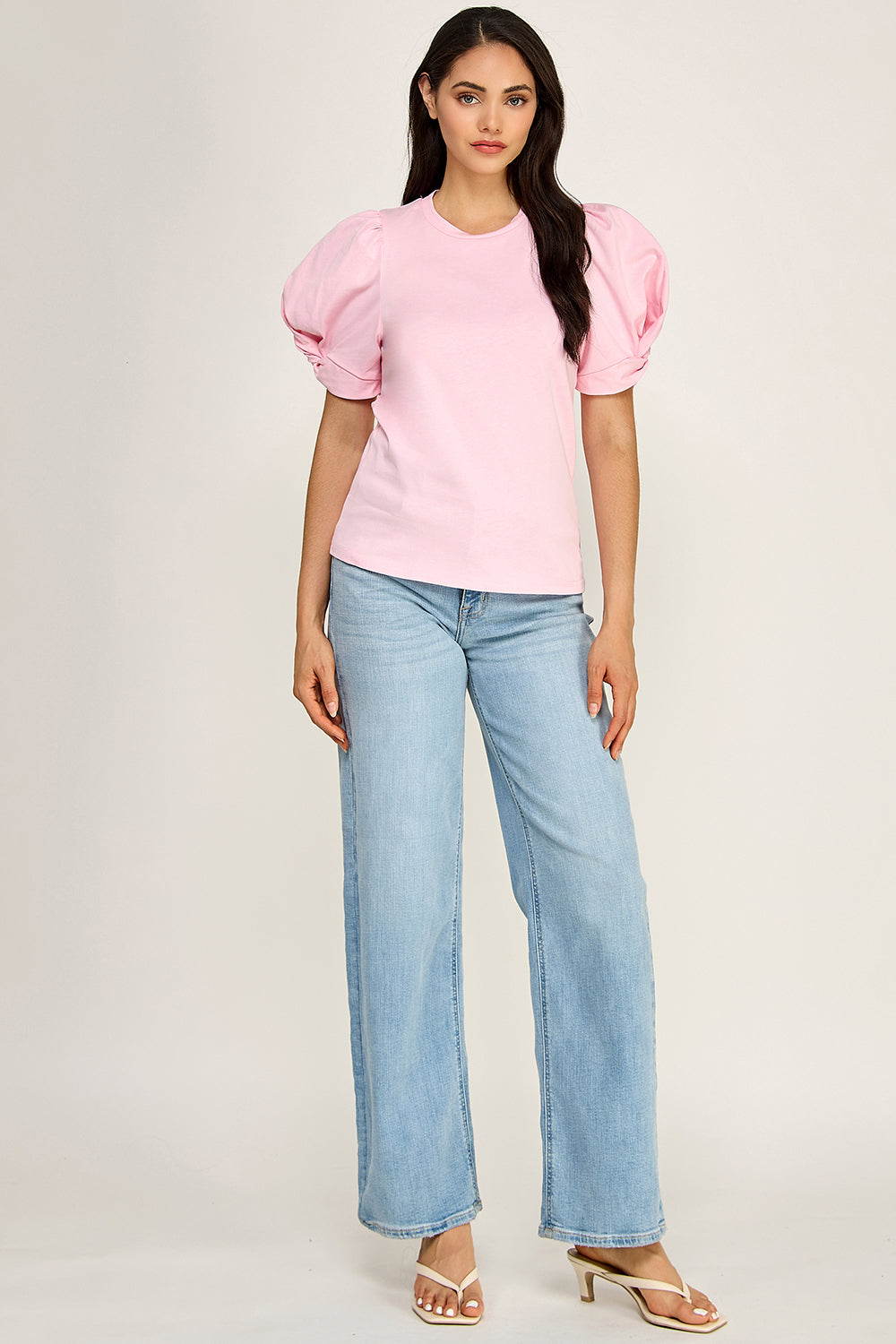 Puff Sleeve Cotton Knit Top | Fitted Round Neck Stretch Boutique Top