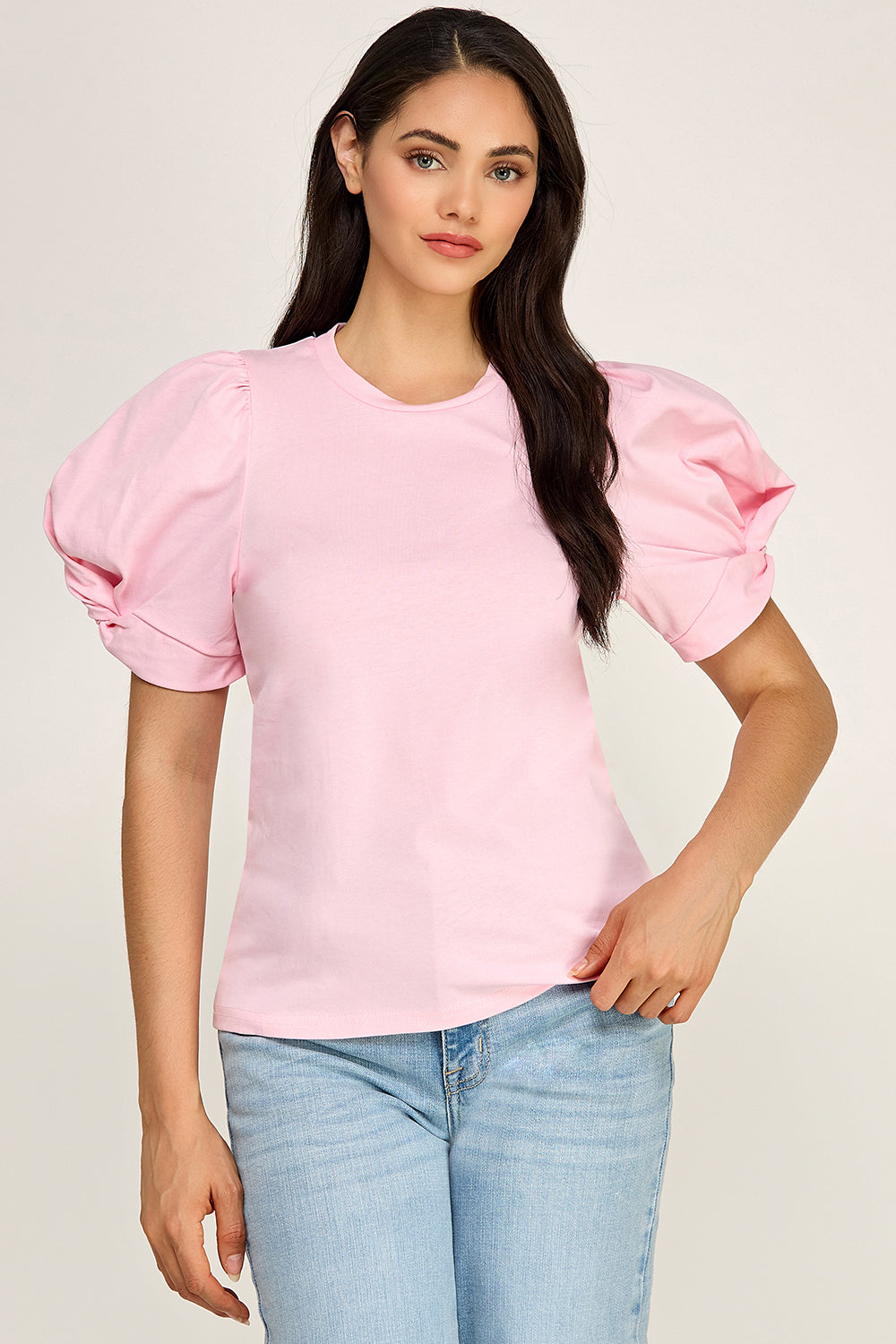 Puff Sleeve Cotton Knit Top | Fitted Round Neck Stretch Boutique Top