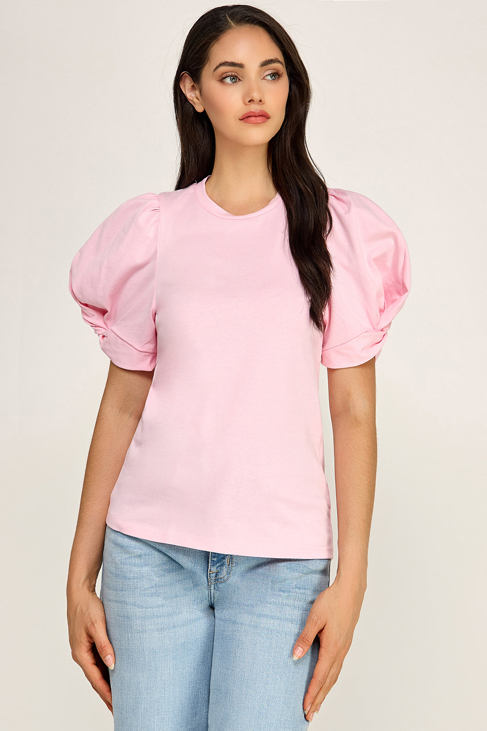 Puff Sleeve Cotton Knit Top | Fitted Round Neck Stretch Boutique Top