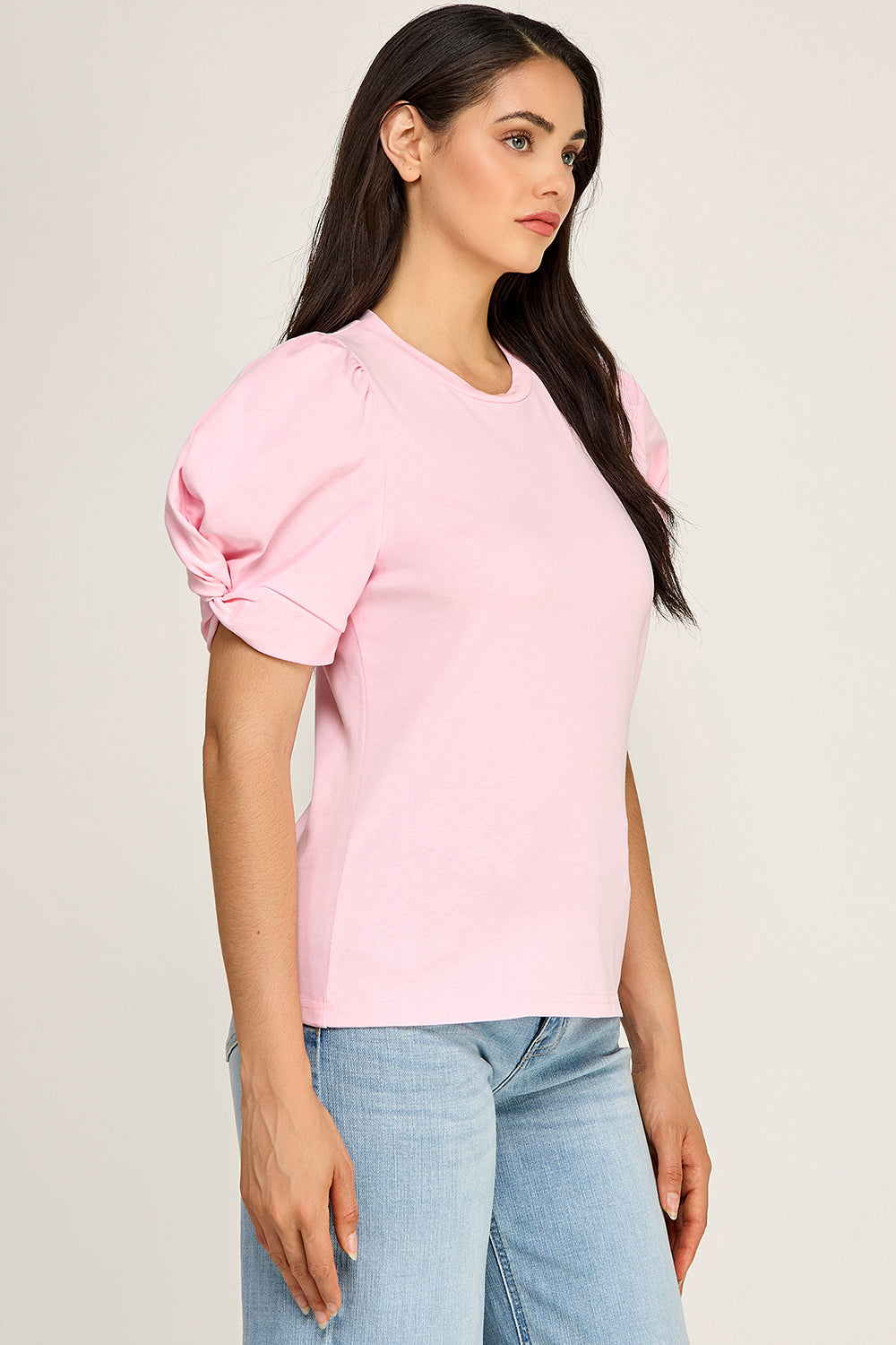 Puff Sleeve Cotton Knit Top | Fitted Round Neck Stretch Boutique Top