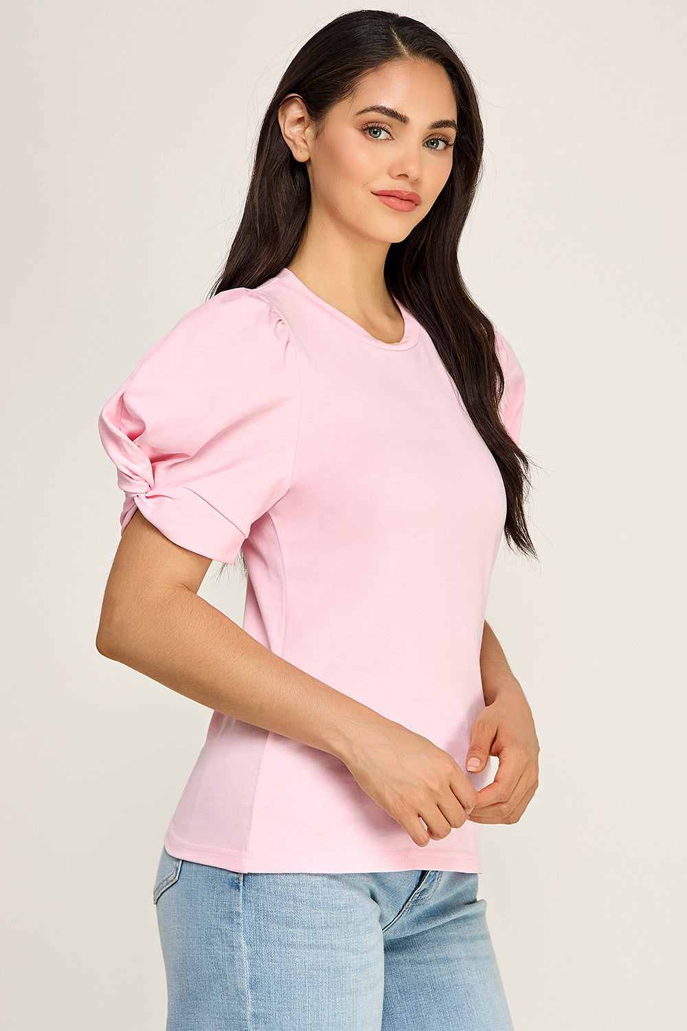 Puff Sleeve Cotton Knit Top | Fitted Round Neck Stretch Boutique Top