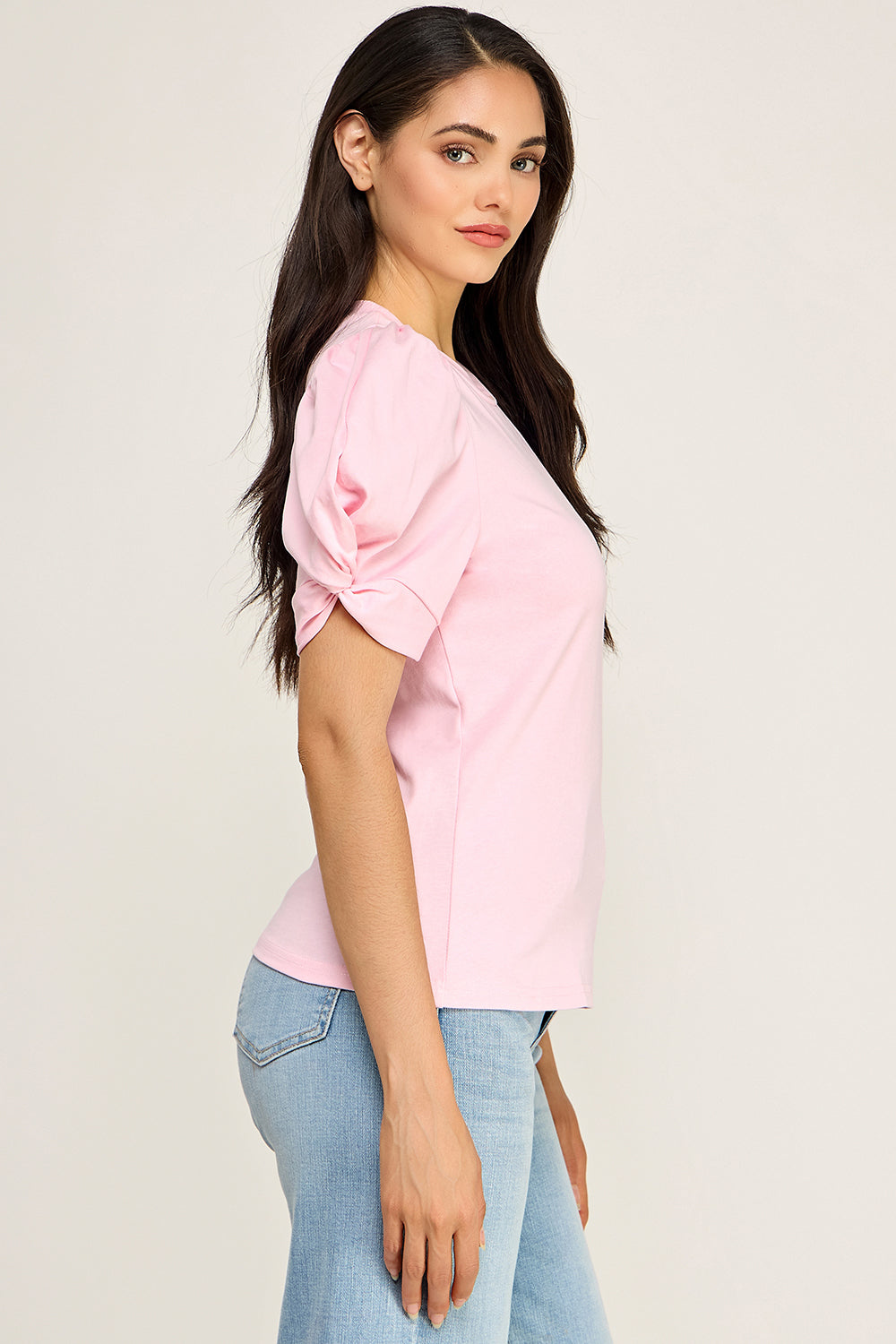 Puff Sleeve Cotton Knit Top | Fitted Round Neck Stretch Boutique Top