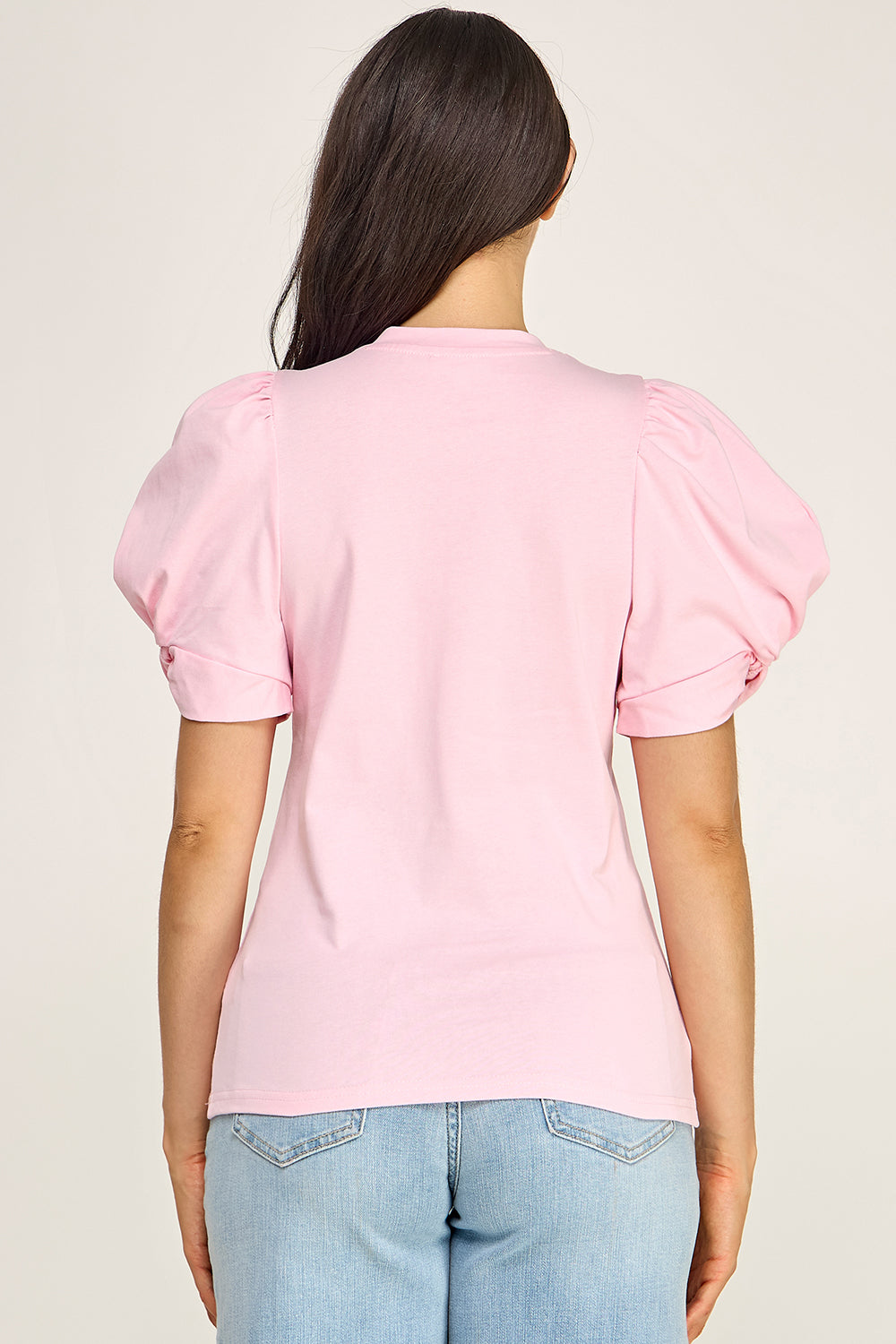 Puff Sleeve Cotton Knit Top | Fitted Round Neck Stretch Boutique Top