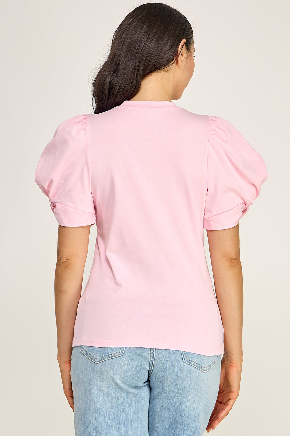 Puff Sleeve Cotton Knit Top | Fitted Round Neck Stretch Boutique Top