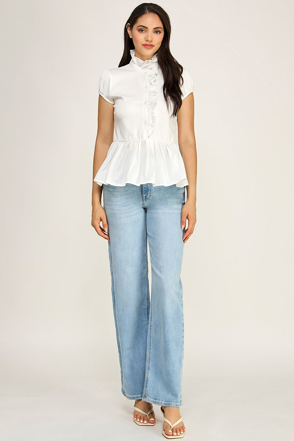 Ruffle Neck Peplum Blouse – Cap Sleeve Cotton Top for Women