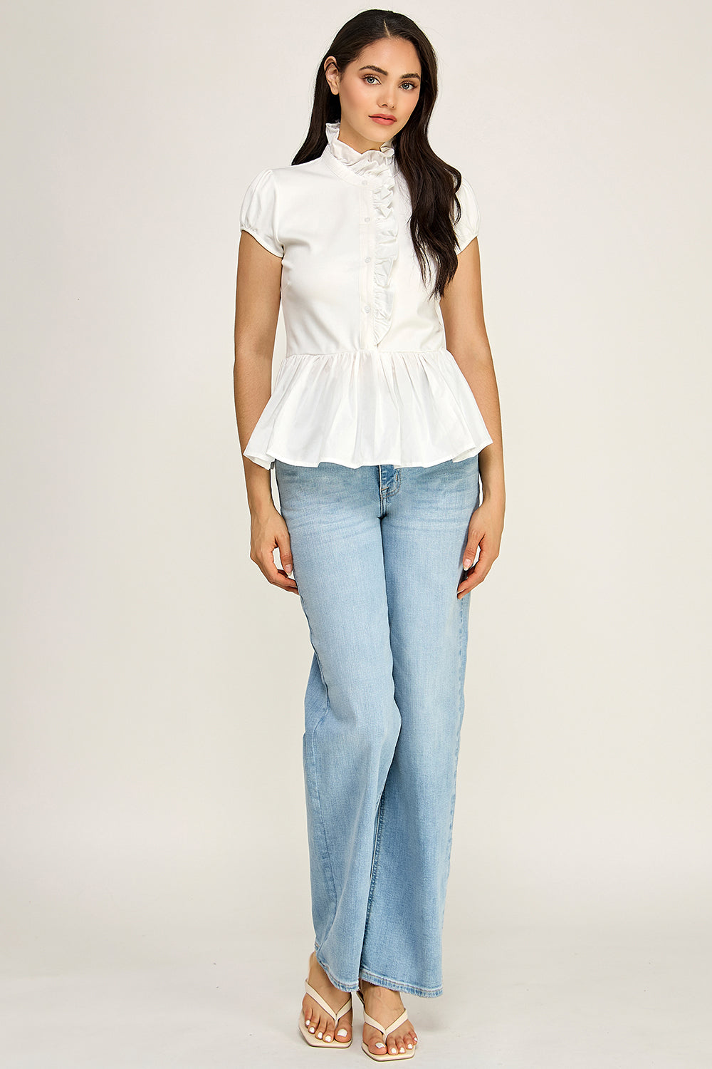 Ruffle Neck Peplum Blouse – Cap Sleeve Cotton Top for Women