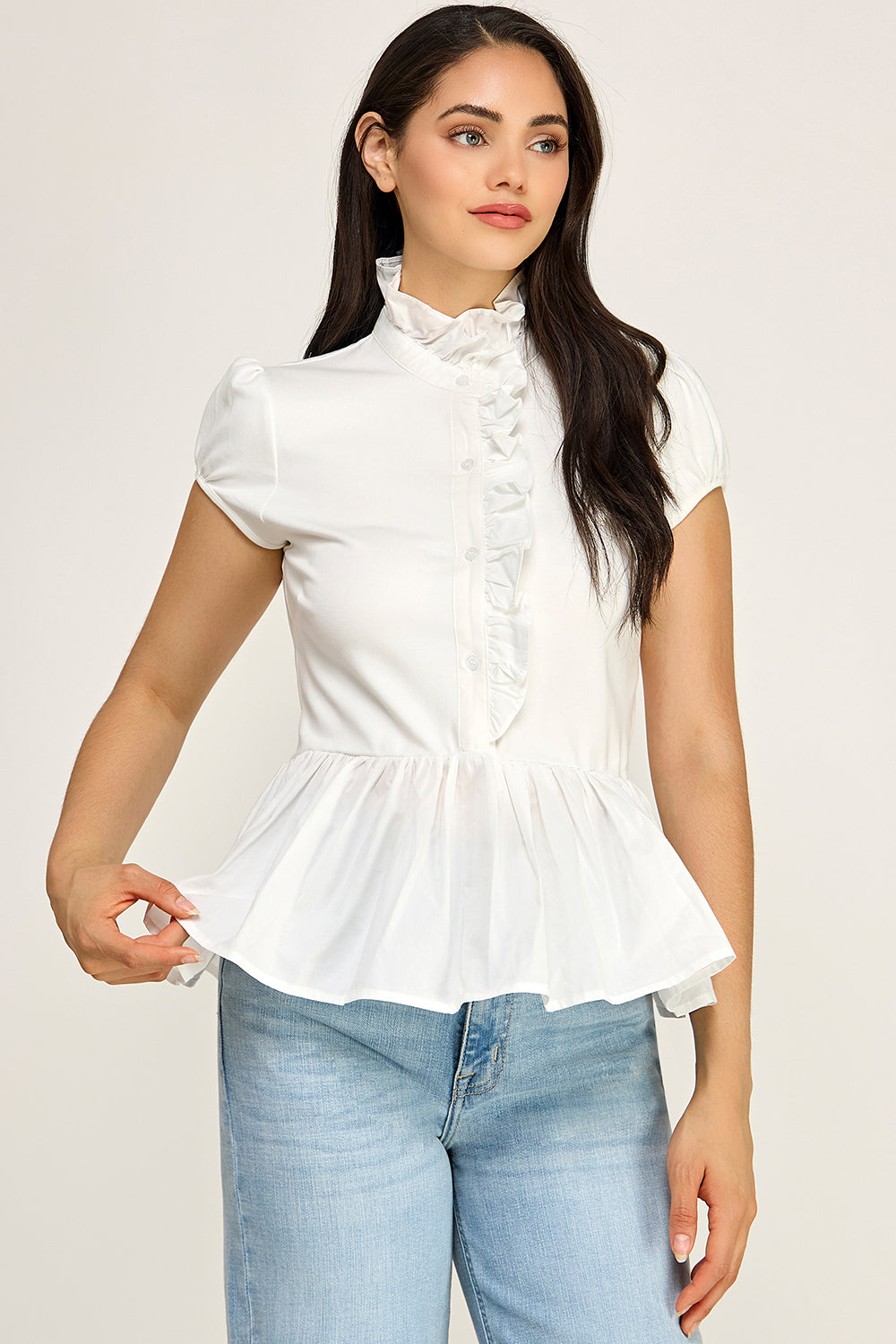 Ruffle Neck Peplum Blouse – Cap Sleeve Cotton Top for Women