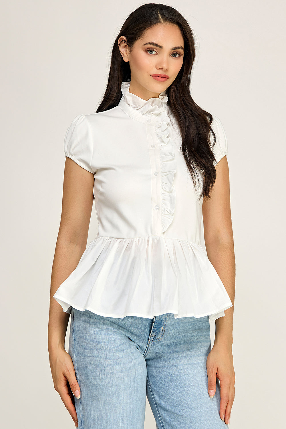 Ruffle Neck Peplum Blouse – Cap Sleeve Cotton Top for Women