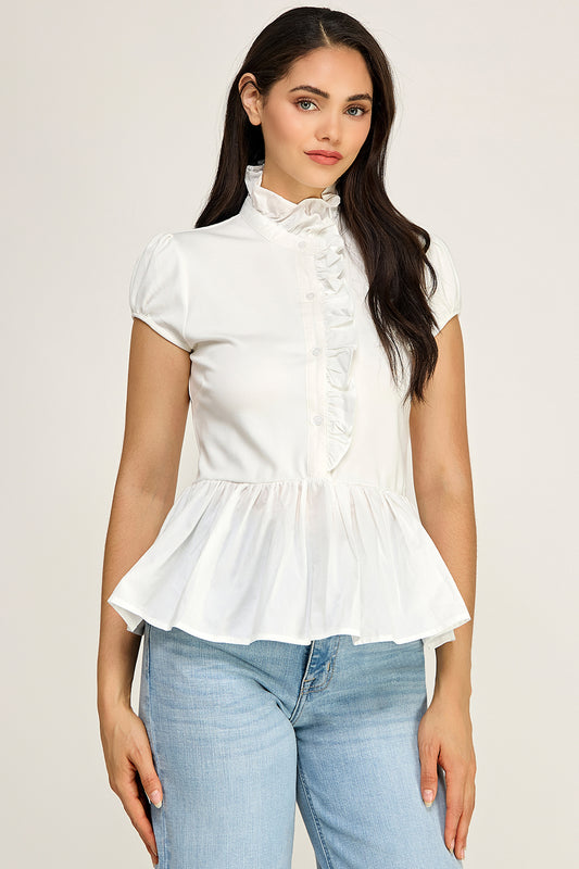 Ruffle Neck Peplum Blouse – Cap Sleeve Cotton Top for Women