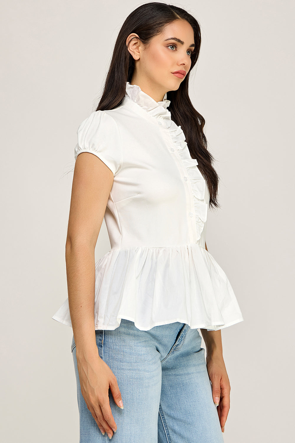 Ruffle Neck Peplum Blouse – Cap Sleeve Cotton Top for Women