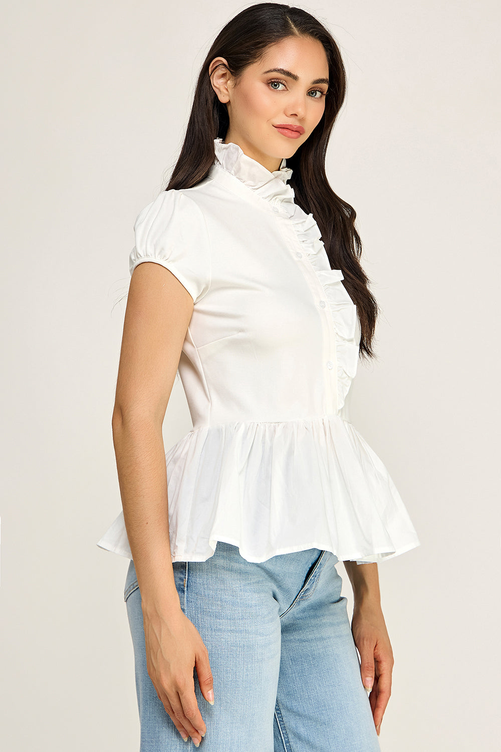 Ruffle Neck Peplum Blouse – Cap Sleeve Cotton Top for Women