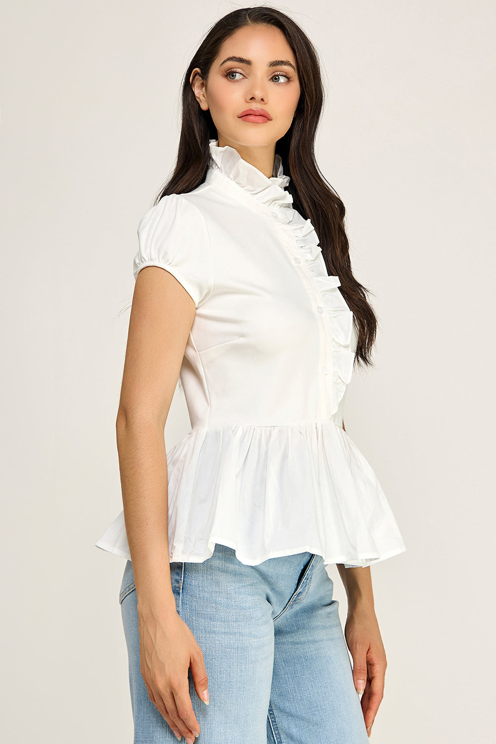 Ruffle Neck Peplum Blouse – Cap Sleeve Cotton Top for Women