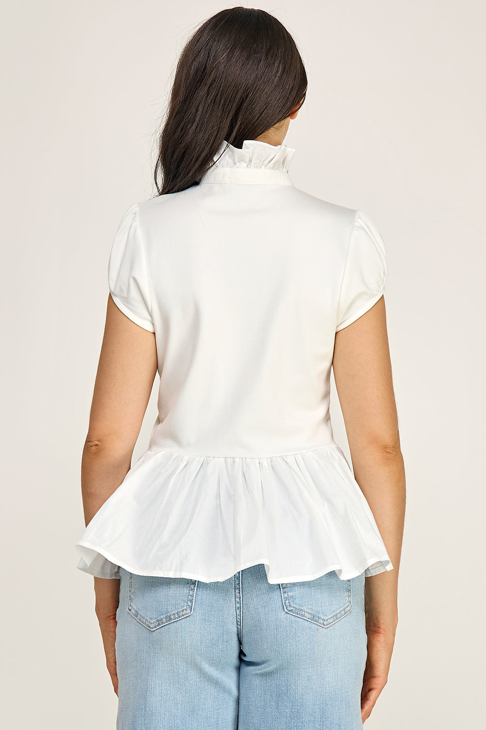 Ruffle Neck Peplum Blouse – Cap Sleeve Cotton Top for Women
