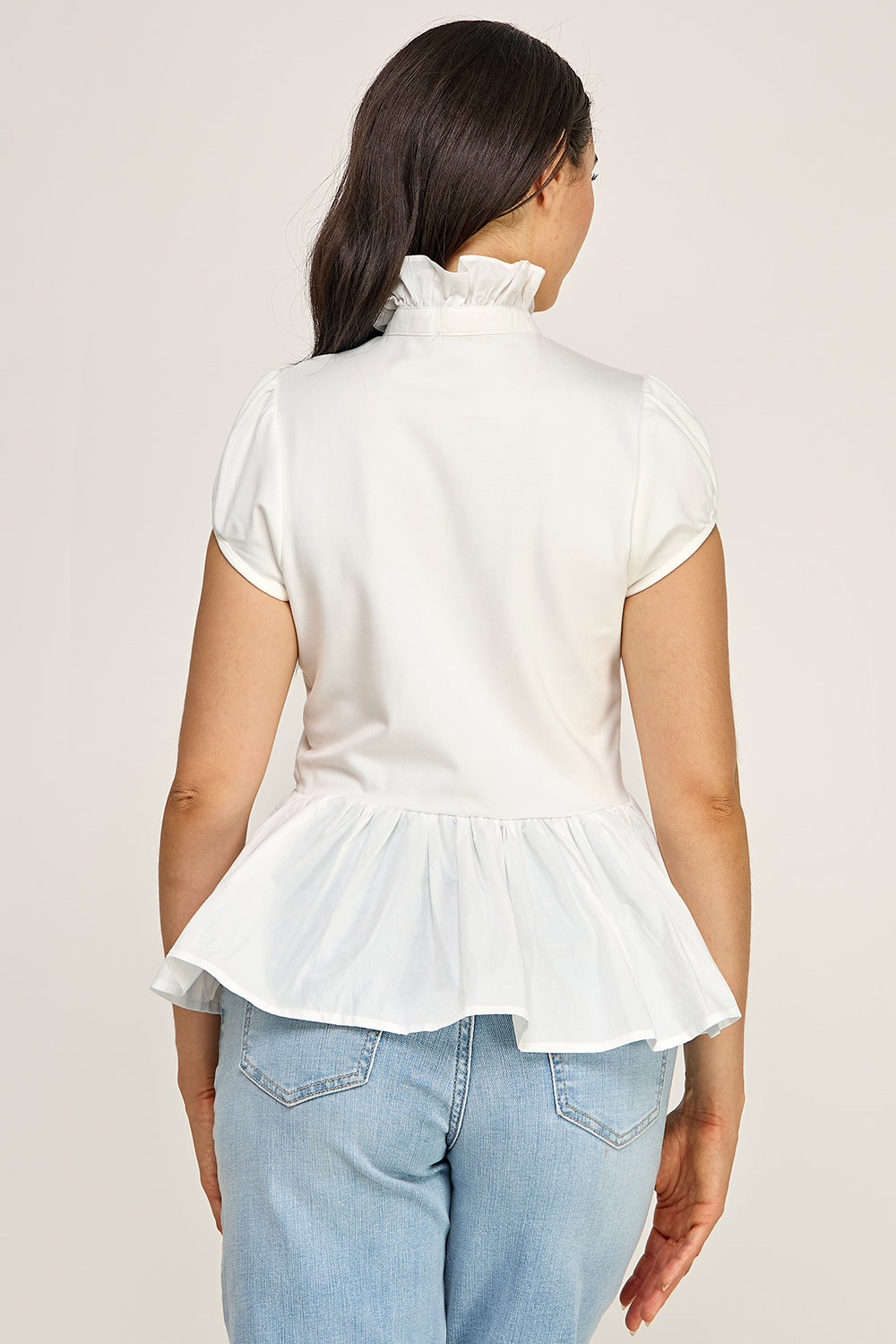 Ruffle Neck Peplum Blouse – Cap Sleeve Cotton Top for Women