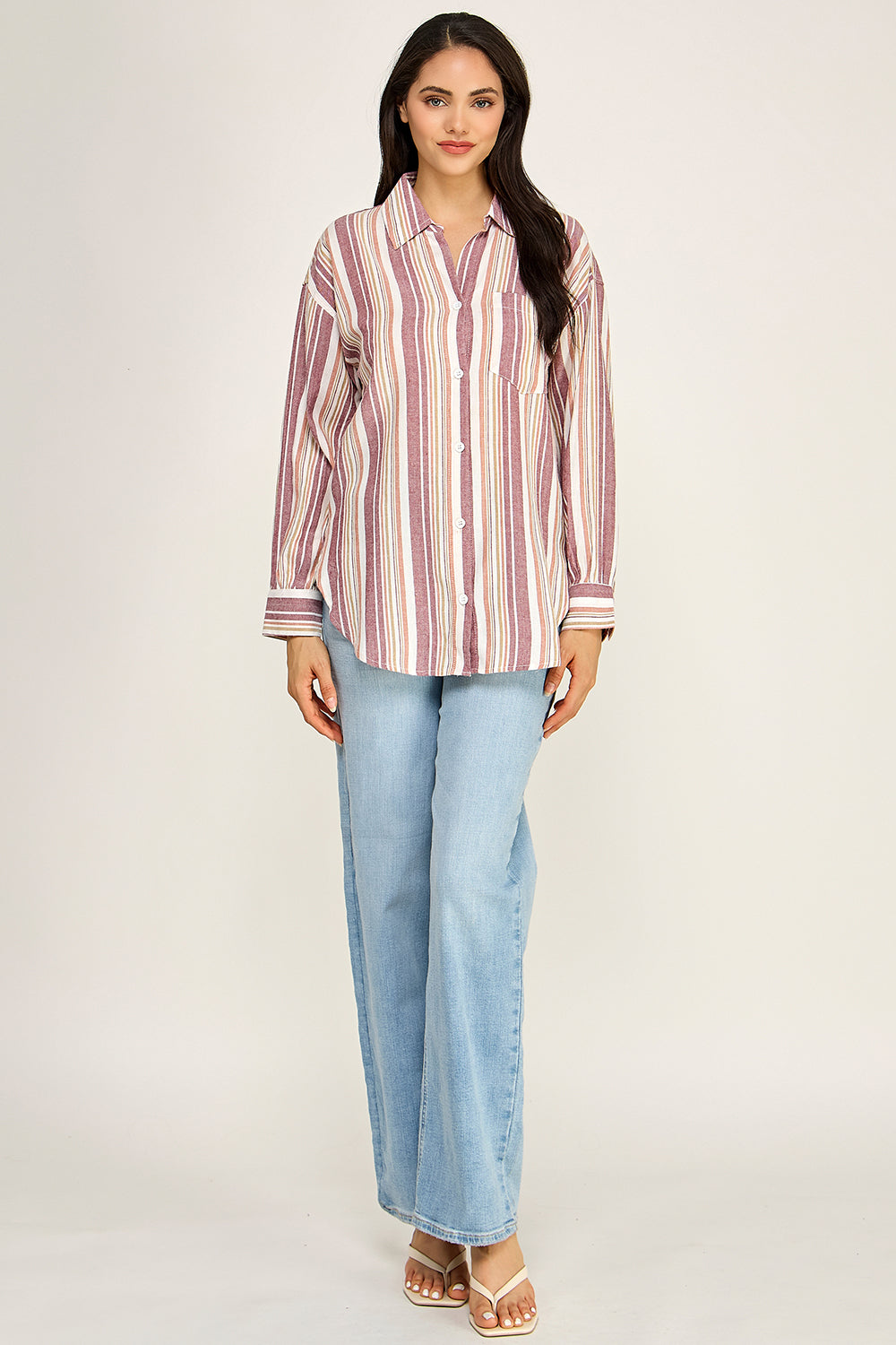 Stripe Linen Blend Button Up Shirt – Relaxed Summer Top for Women