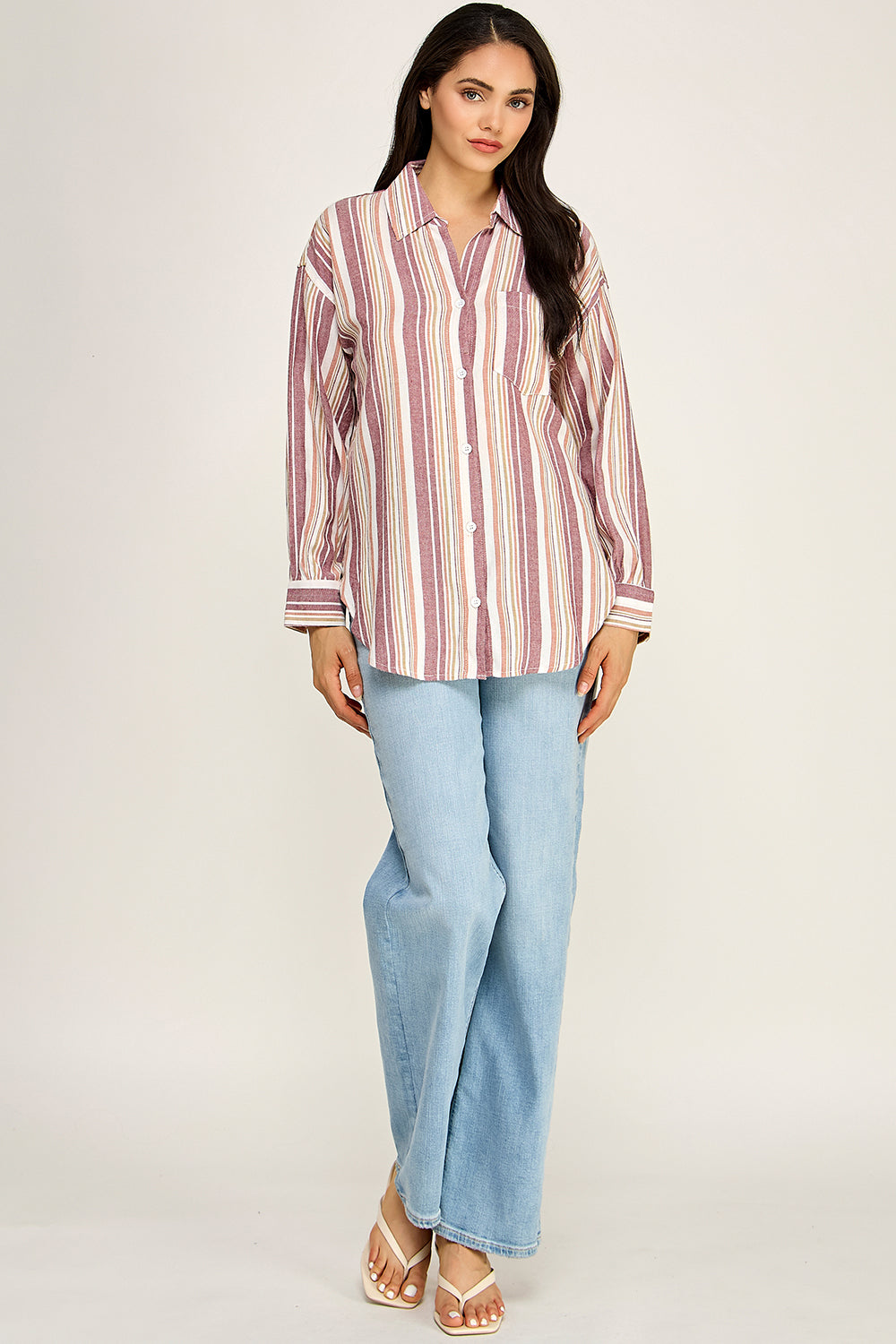 Stripe Linen Blend Button Up Shirt – Relaxed Summer Top for Women