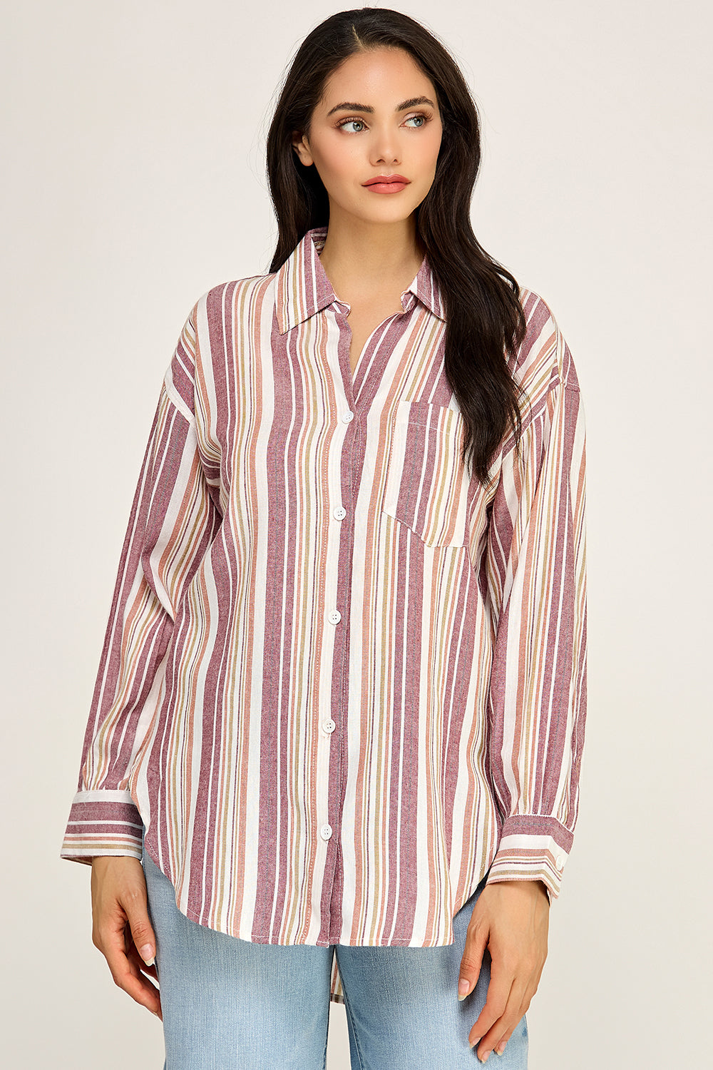 Stripe Linen Blend Button Up Shirt – Relaxed Summer Top for Women