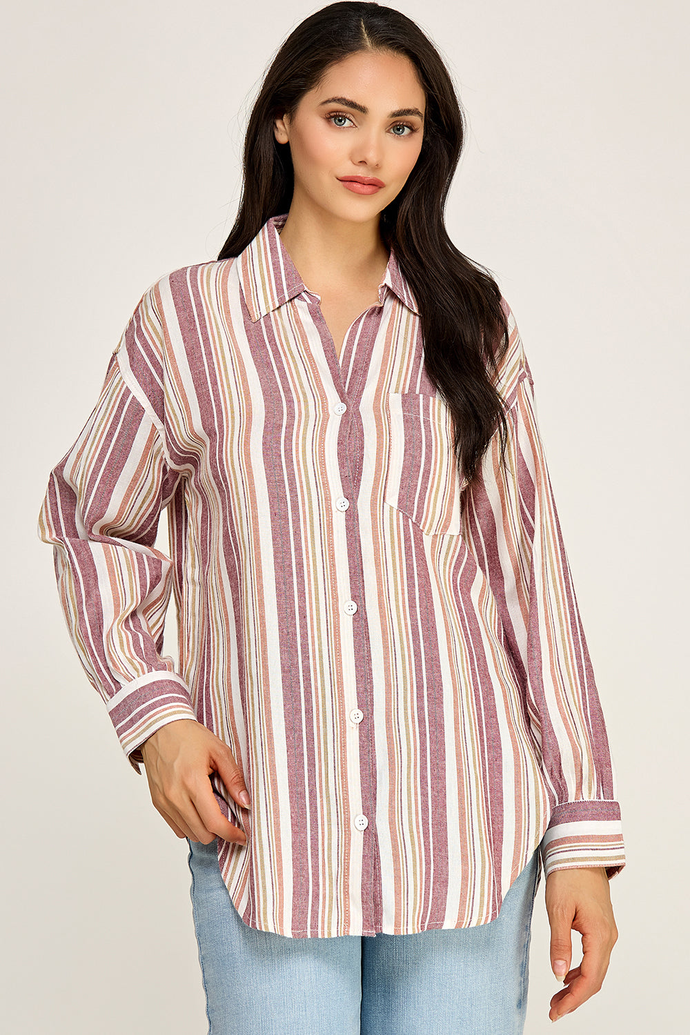 Stripe Linen Blend Button Up Shirt – Relaxed Summer Top for Women