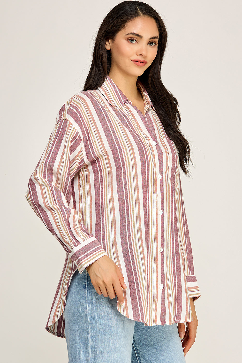 Stripe Linen Blend Button Up Shirt – Relaxed Summer Top for Women