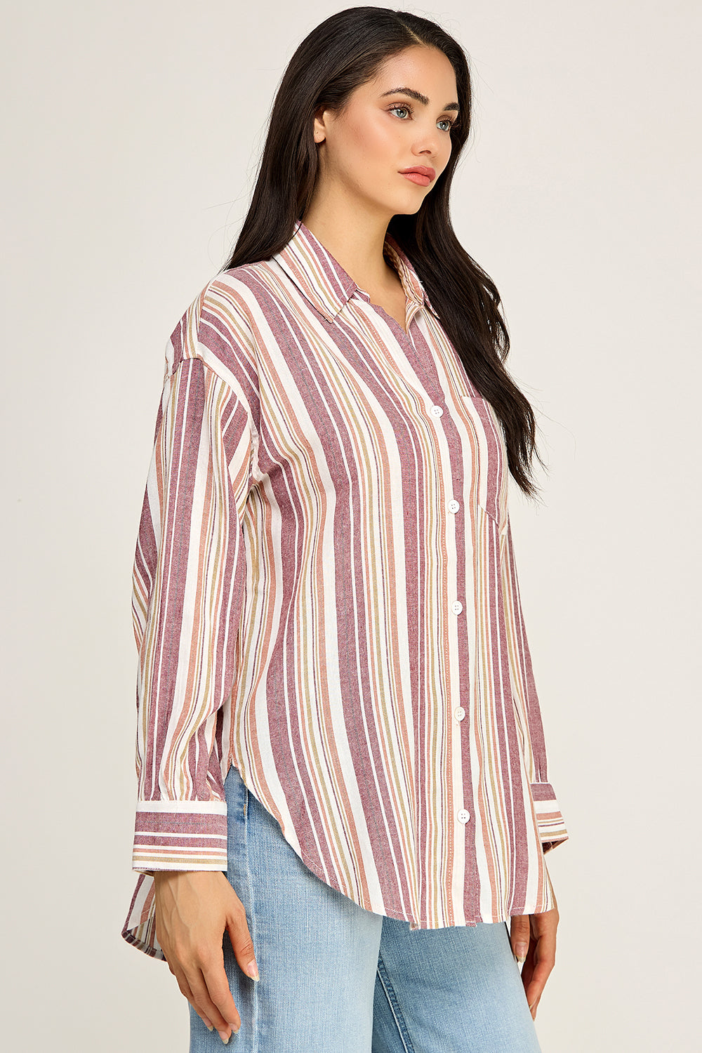 Stripe Linen Blend Button Up Shirt – Relaxed Summer Top for Women