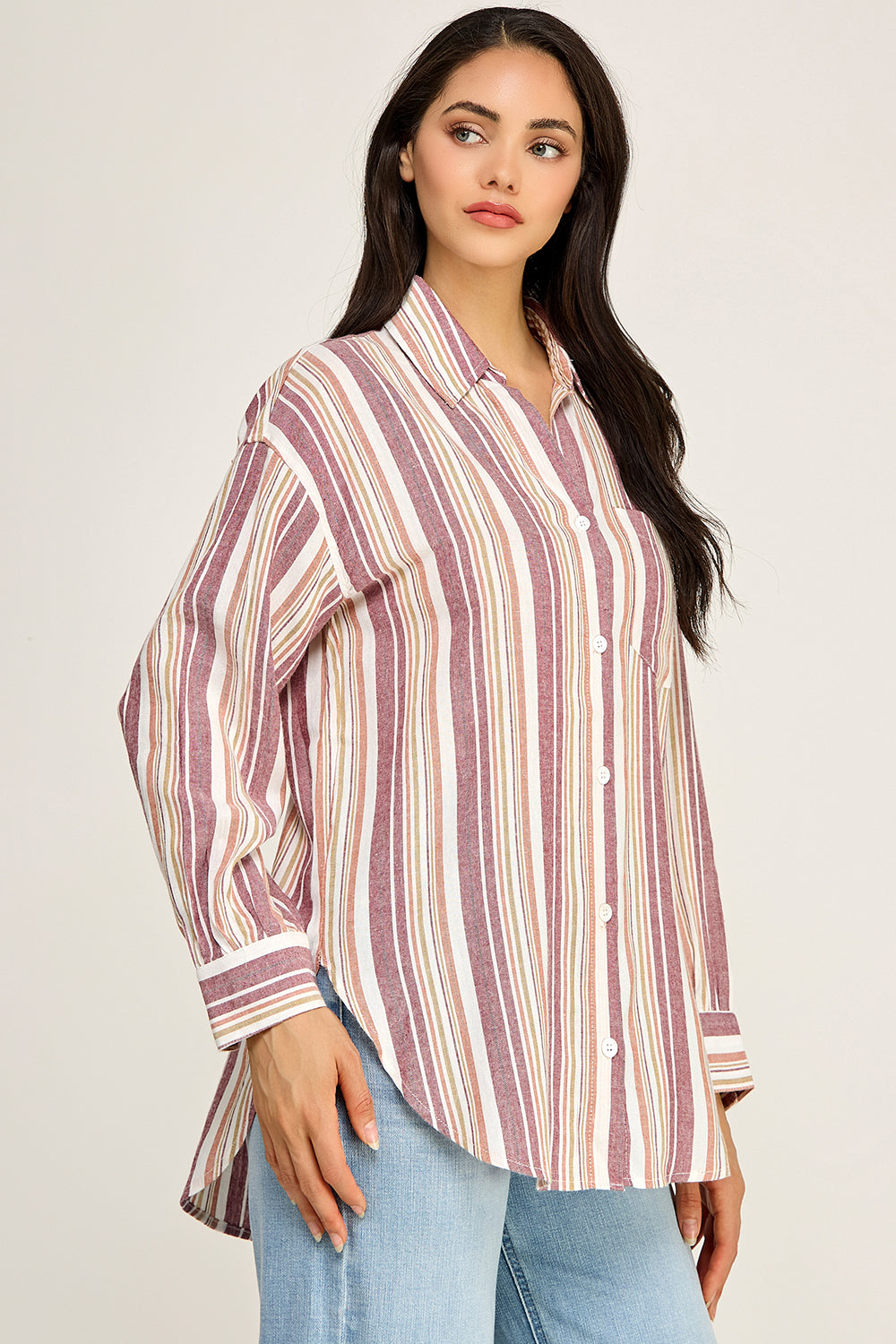 Stripe Linen Blend Button Up Shirt – Relaxed Summer Top for Women