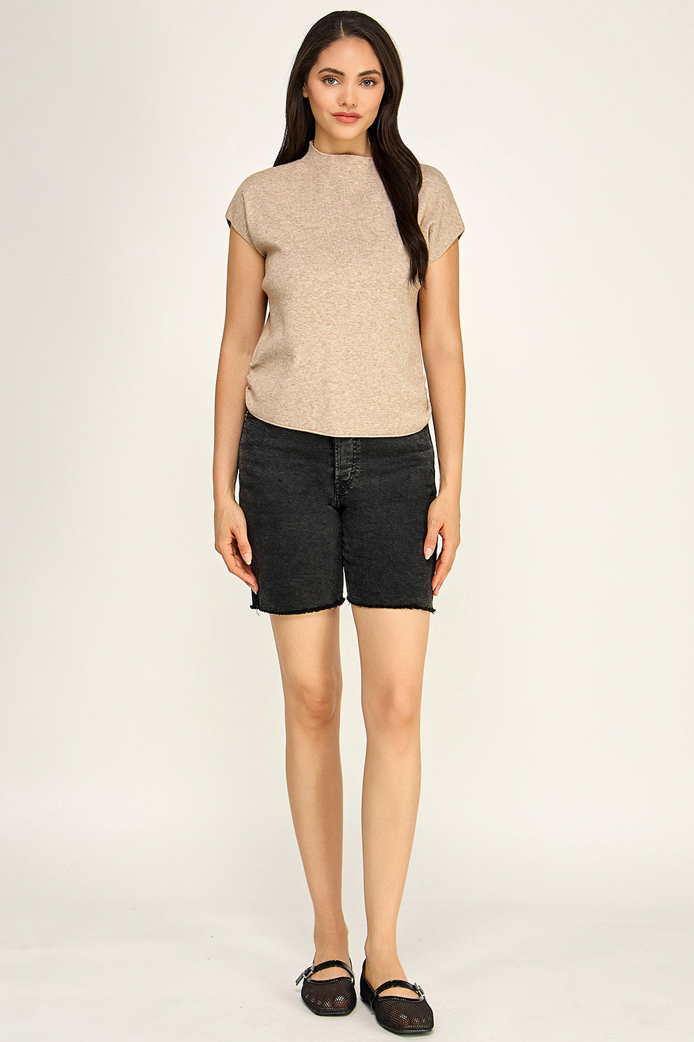 Mock Neck Cap Sleeve Knit Top | Viscose Blend Minimalist Boutique Top