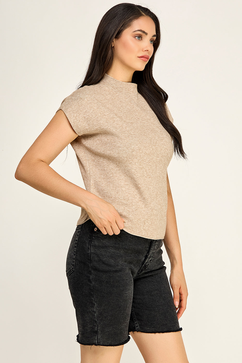 Mock Neck Cap Sleeve Knit Top | Viscose Blend Minimalist Boutique Top