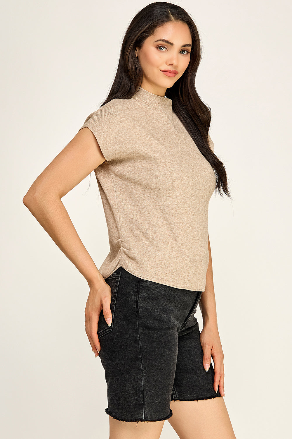 Mock Neck Cap Sleeve Knit Top | Viscose Blend Minimalist Boutique Top