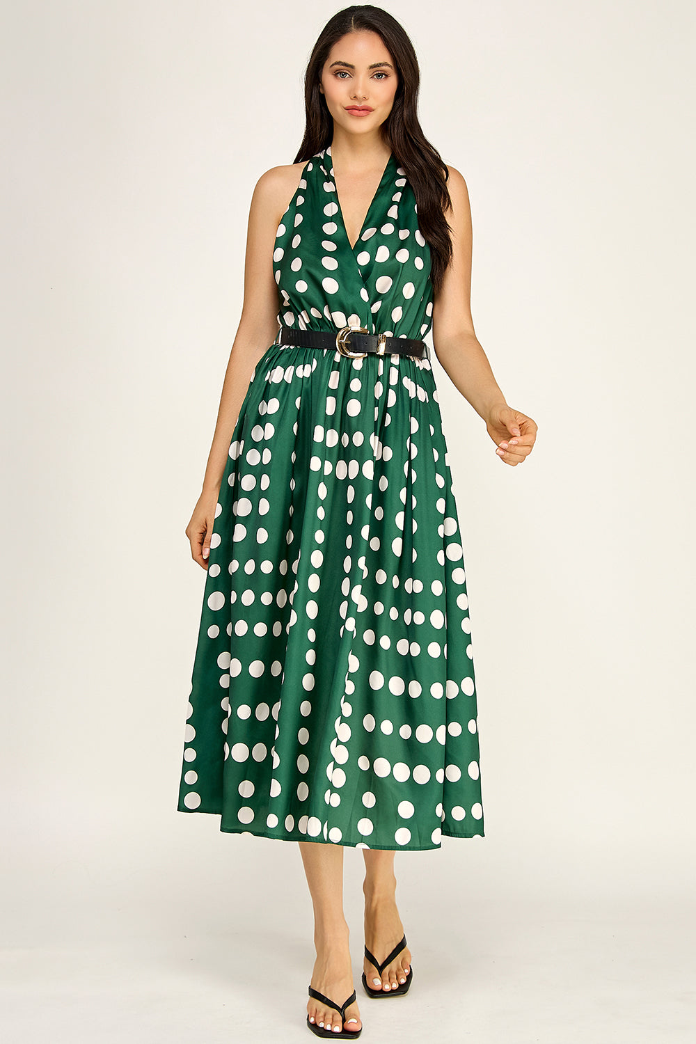 Polka Dot Satin Halter Midi Dress | Removable Belt Flowing Skirt