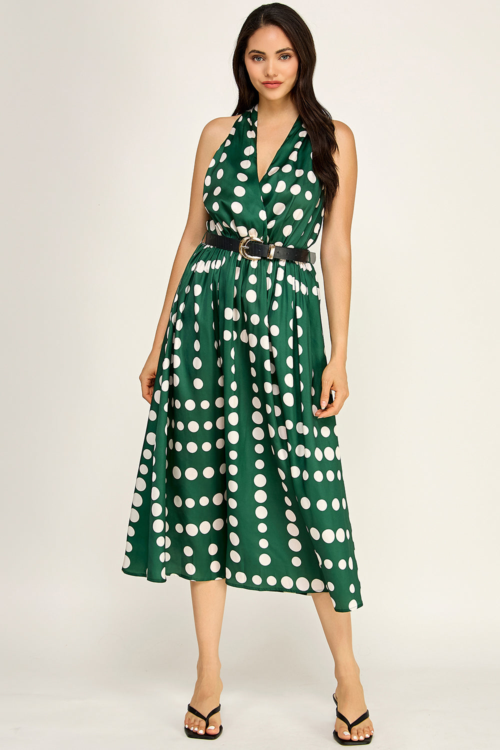 Polka Dot Satin Halter Midi Dress | Removable Belt Flowing Skirt