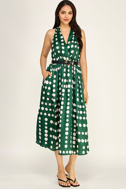 Polka Dot Satin Halter Midi Dress | Removable Belt Flowing Skirt