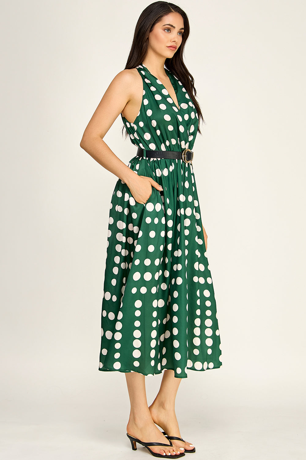 Polka Dot Satin Halter Midi Dress | Removable Belt Flowing Skirt