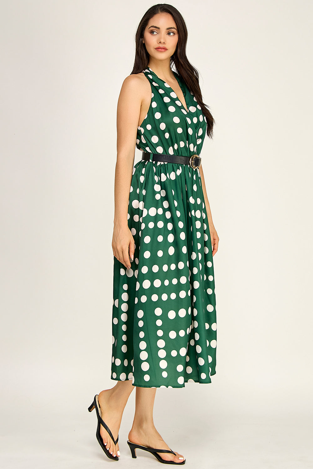 Polka Dot Satin Halter Midi Dress | Removable Belt Flowing Skirt