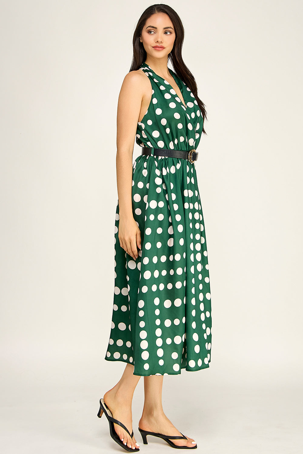 Polka Dot Satin Halter Midi Dress | Removable Belt Flowing Skirt