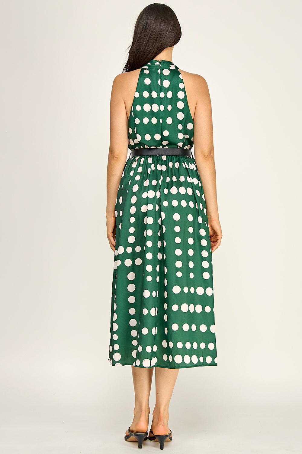 Polka Dot Satin Halter Midi Dress | Removable Belt Flowing Skirt