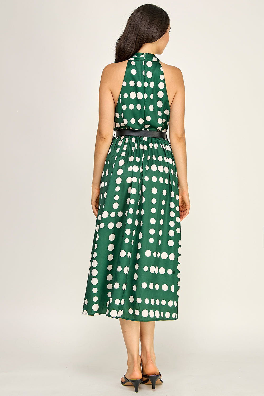 Polka Dot Satin Halter Midi Dress | Removable Belt Flowing Skirt