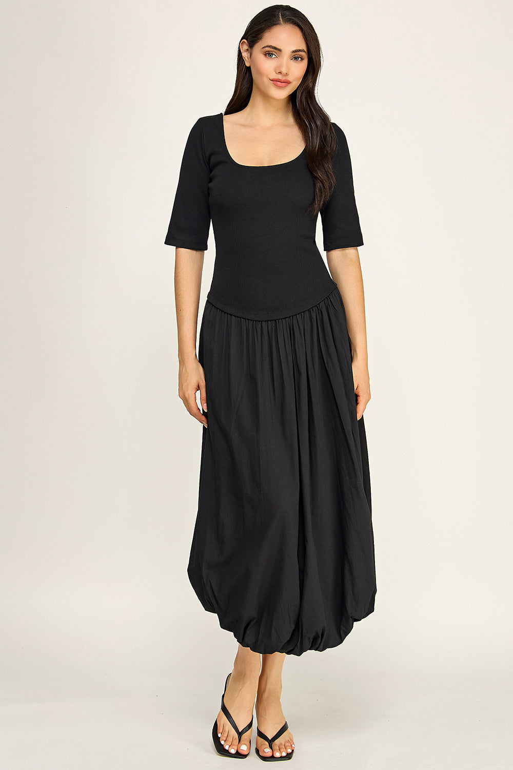 Rib Knit Top Poplin Bubble Midi Dress | Fitted Bodice Elastic Waist