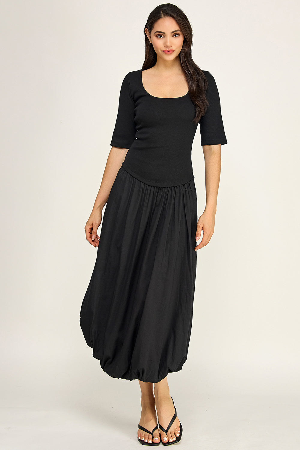 Rib Knit Top Poplin Bubble Midi Dress | Fitted Bodice Elastic Waist